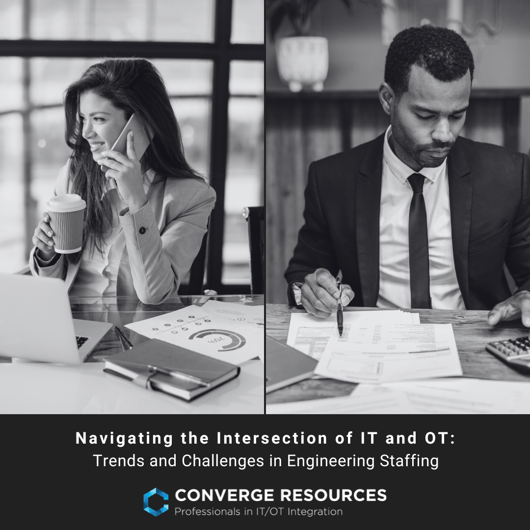 Woman on phone with coffee at desk with laptop and charts; man in suit reviewing documents and using calculator.