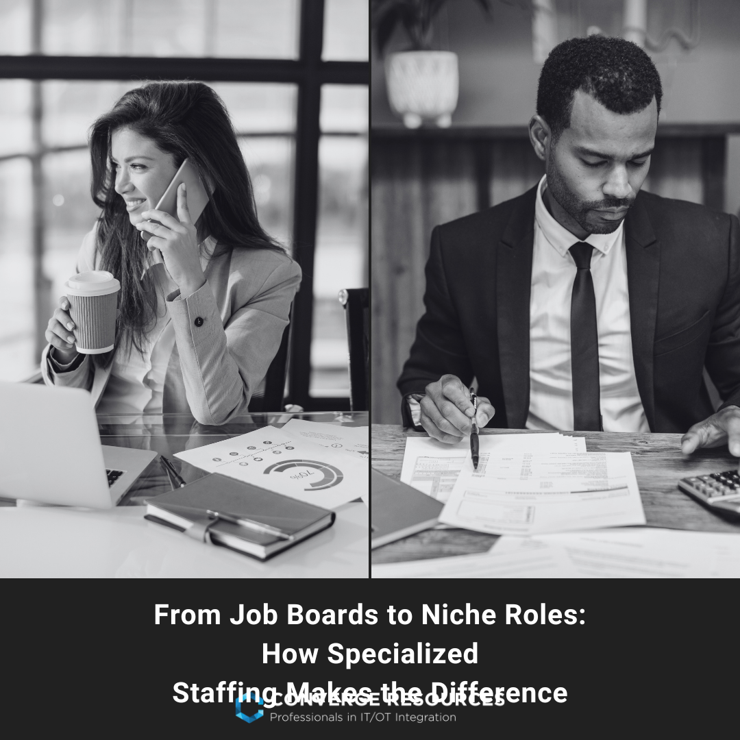 Split black‑white image of a woman on phone with coffee, laptop, and a man in suit reviewing papers.