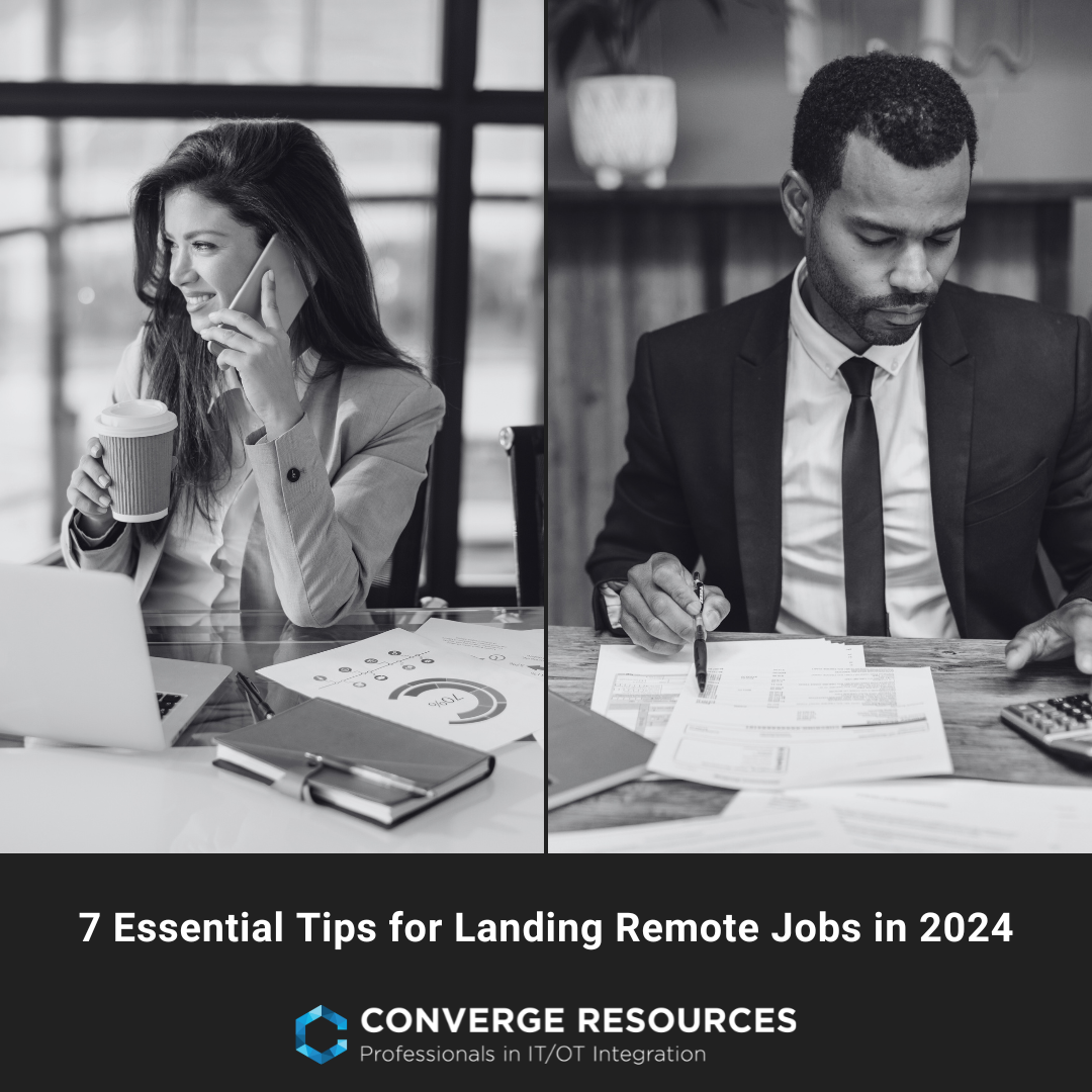 Black-and-white split image of a smiling woman on phone with laptop and coffee, and a man in a suit reviewing documents at a