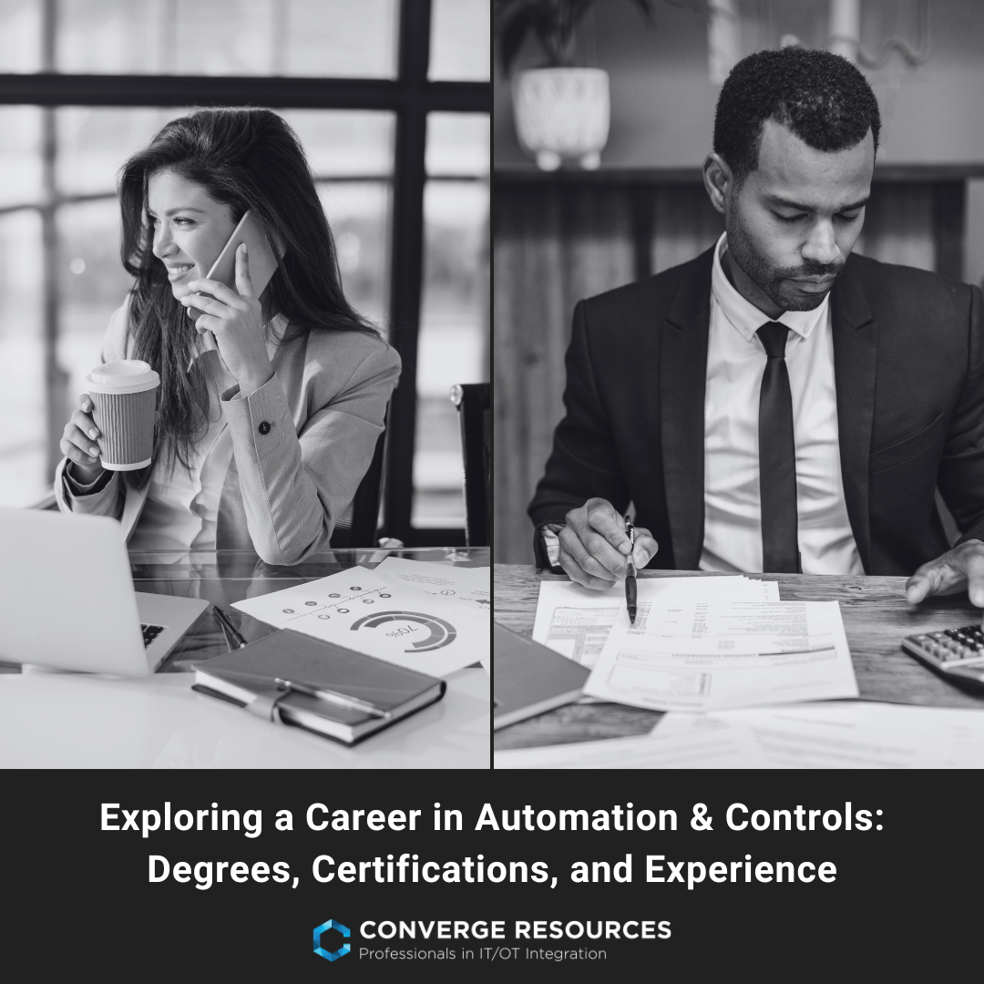 Split-screen B&W business scene: woman on phone with coffee, laptop; man in suit reviewing papers and using calculator.