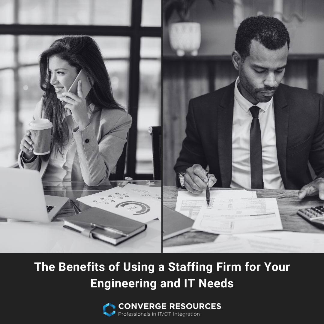 Split black-white photo: woman smiling on phone with coffee and laptop, man in suit reviewing papers.