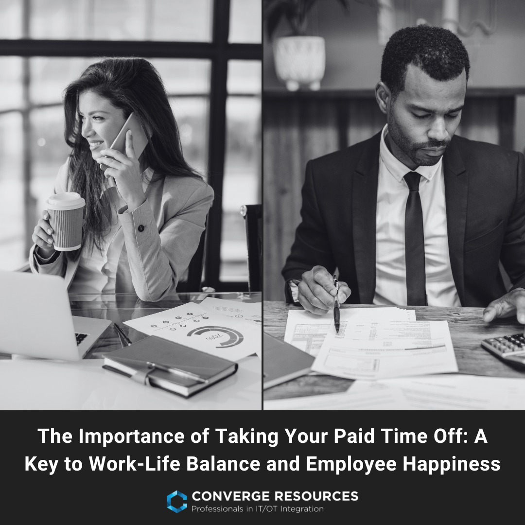 Split-screen office: woman on phone with coffee and laptop, man in suit reviewing papers and using calculator.