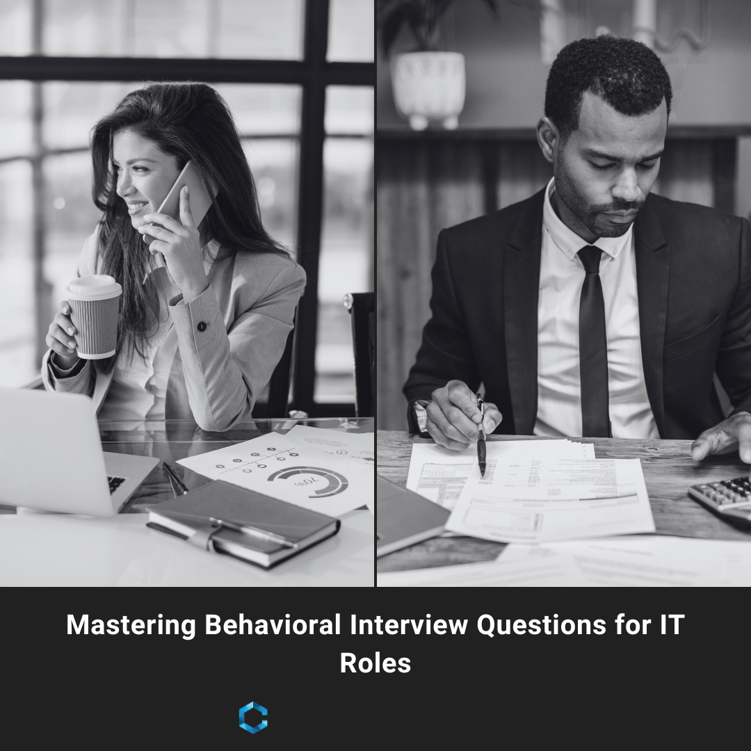 Black‑white split image: woman on phone with coffee and laptop, man in suit writing on documents.
