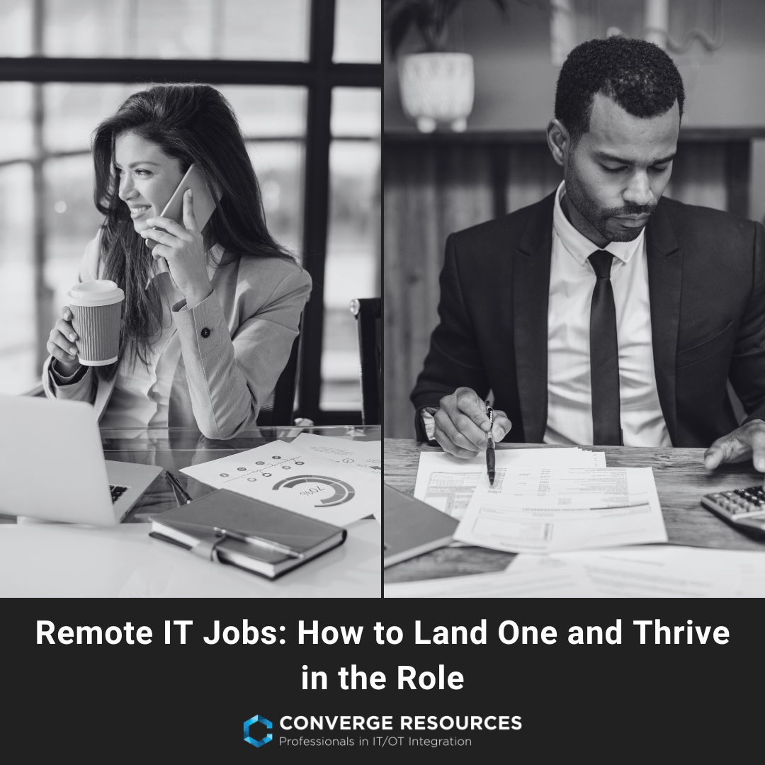 Black‑and‑white split image: woman on phone with coffee and laptop, man in suit reviewing documents.