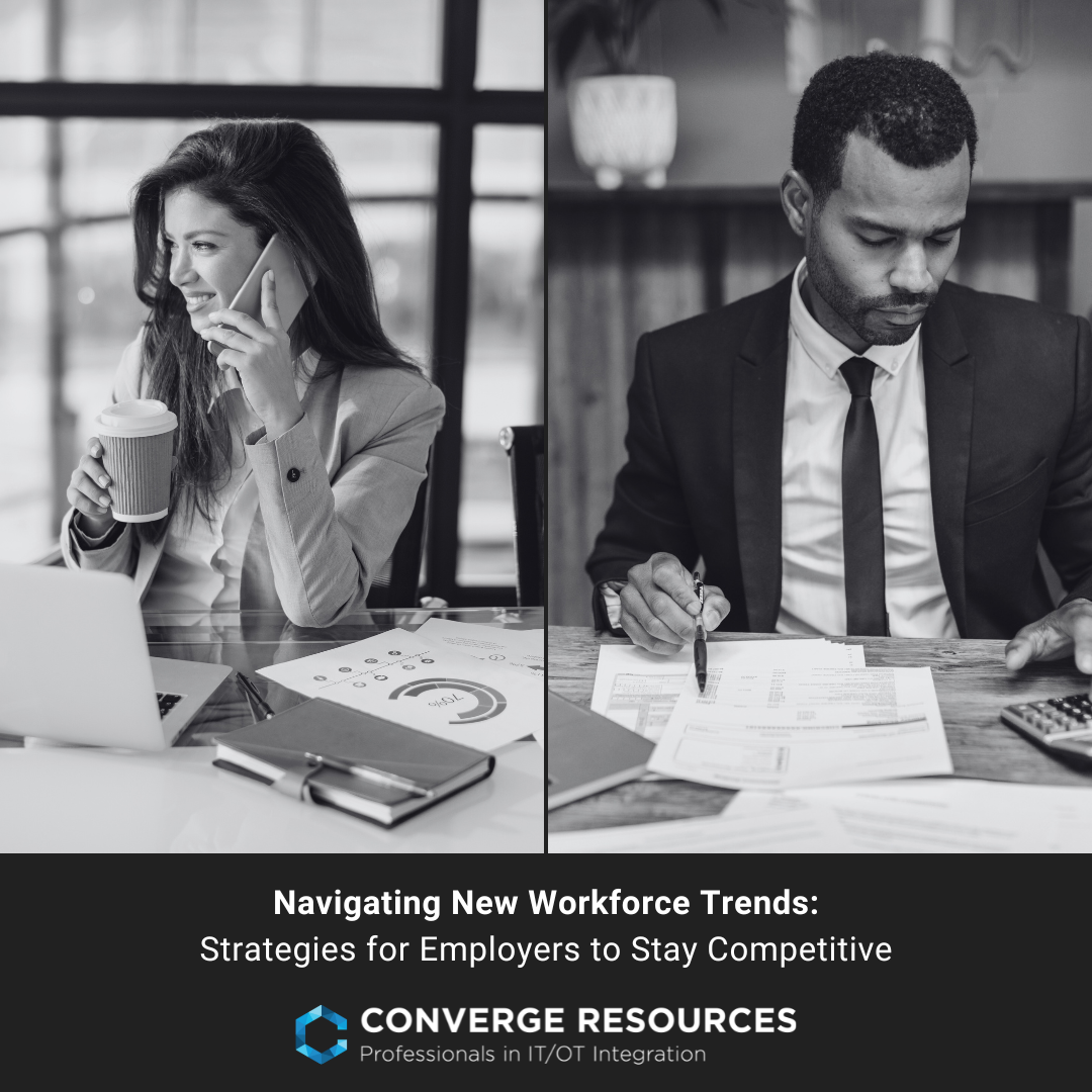 Black-and-white split image of a smiling businesswoman on phone with coffee and laptop, and a focused businessman writing on